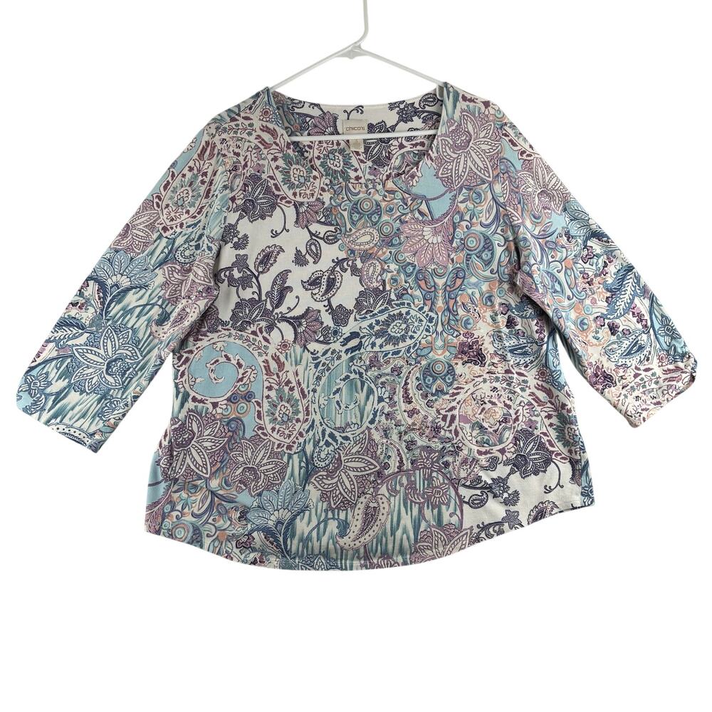 Chicos 3/4 Sleeve Paisley Print Blouse Top Women's 3/XL Blue Pink Floral Whimsy